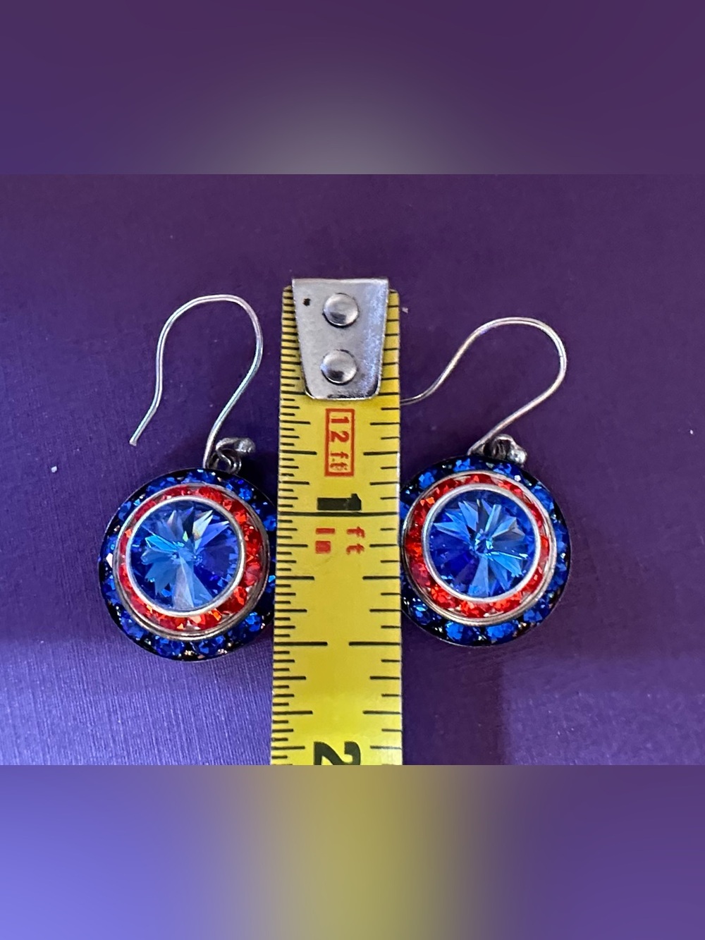 Anne Koplik Americana crystal halo dangle earrings with red and blue stones. - Picture 6 of 7